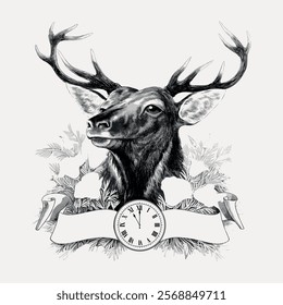 Illustration of a deer with antlers, clock, and banner. Deer head with antlers, surrounded by foliage. Clock and banner below deer. Elegant deer and clock design. Vintage illustration isolated.