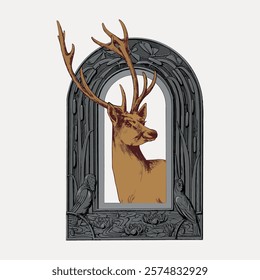 Illustration of a deer with antlers framed in an ornate arch. Deer and antlers are central, surrounded by detailed arch design. Deer and arch in harmony. Vintage illustration isolated on white, vector