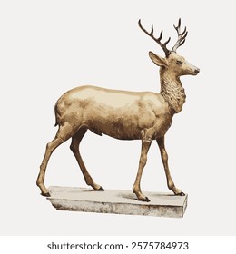 Illustration of a deer with antlers. The deer stands on a platform. The deer is depicted in a realistic style. The deer has a calm expression. Isolated vintage art illustration vector element.