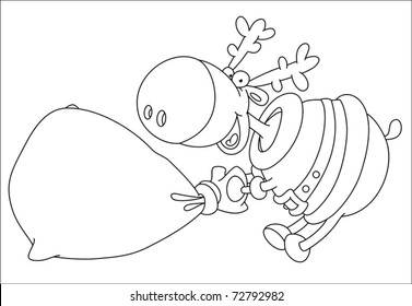 illustration of a deer and a bag of gifts outlined