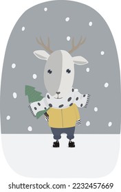 An illustration of a deer carrying a Christmas tree home wearing a spotted scarf in anticipation of Christmas and New Year