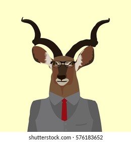Illustration Deer dressed as a business man in a vest, tie and glasses.