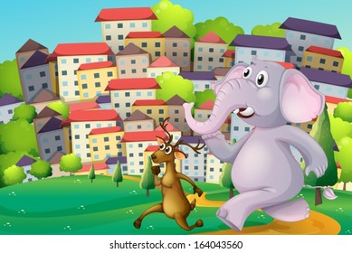 Illustration of a deer and an elephant running at the hilltop across the tall buildings