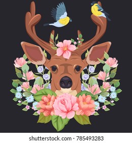 Illustration of a deer in flowers with birds. Ideal for print on T-shirt, postcard and more