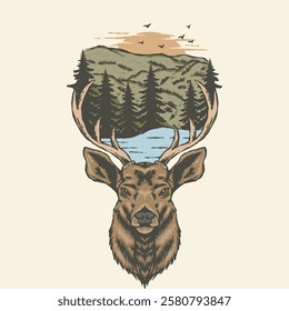 Illustration of deer and forest perfect for your tshirt design