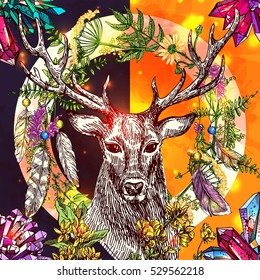 Illustration with deer. Hand drawn vector background with wildflowers and crystal. Boho style drawing. Us for print for t-shirt; smart phone; poster; web.