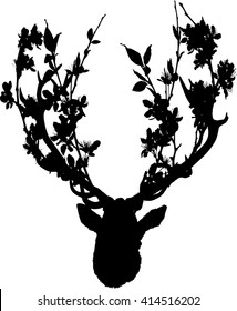 ilustración con cabeza de ciervo con ramas de árbol florecientes entre ángulos aislados en fondo blanco