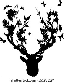 illustration with deer head with blossoming tree branches between antlers and butterflies isolated on white background
