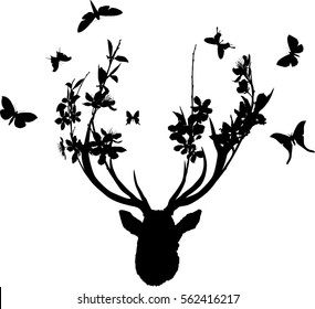 Illustration mit Hirschkopf mit blühenden Baumbrannten zwischen Anfängern und Schmetterlingen einzeln auf weißem Hintergrund
