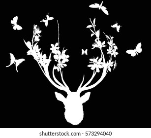 illustration with deer head with blossoming tree branches between antlers and butterflies isolated on black background