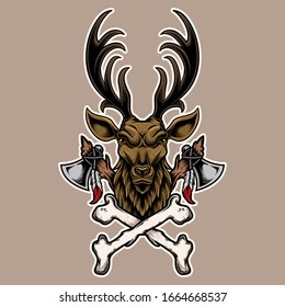 illustration deer head with bone and axe. vector design