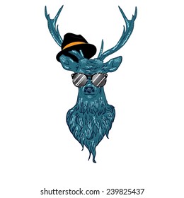 Illustration of a deer hipster in glasses, hand drawn style.