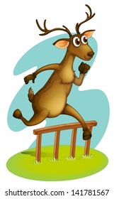 Illustration of a deer jumping on the fence on a white background