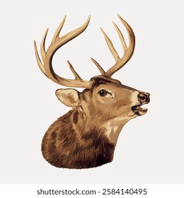 Illustration of a deer with large antlers. The deer is shown in profile. The antlers are prominent, adding a majestic look to the deer. Brown tones dominate the image. Vintage art illustration, vector