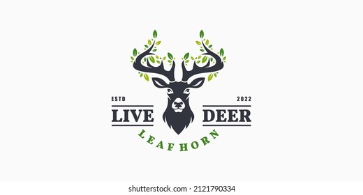 Illustration Deer with Leaf Horn Animal Antlers Plant Tree Nature Head Reindeer Vector Logo Design