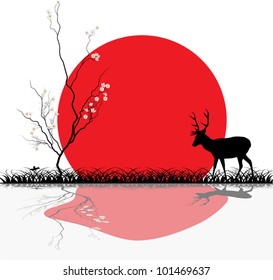 illustration with deer near blossomed cherry tree