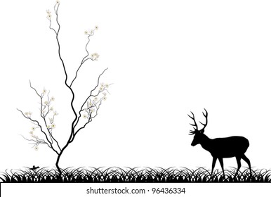 illustration with deer near blossomed cherry tree