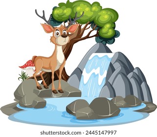 Illustration of a deer near a small waterfall