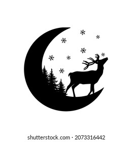 Illustration Deer on the moon isolated in white. Christmas silhouette design. Christmas tree and snowflake. New Year gifts. Forest and snowflake