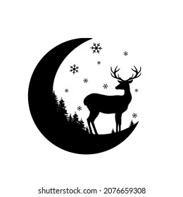 Illustration Deer on the moon isolated in white. Christmas silhouette design. Christmas tree and snowflake. New Year gifts. Forest and snowflake