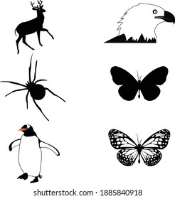 illustration deer, penguin, black widow, eagle, butterfly silhouette drawings vectorel