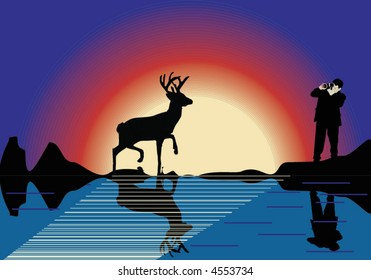 illustration with deer and photographer silhouettes and its reflection