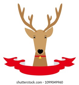 Illustration of deer. Reindeer. Christmas deer with red ribbon. 