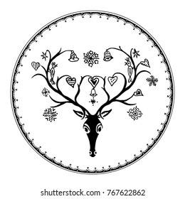 Illustration of deer in round frame. Head of deer in round frame isolated on white background. Vector silhouette of deer head with ornaments on its antlers. New Year and Christmas illustration.