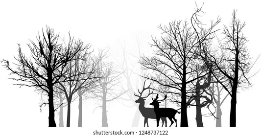 illustration with deer silhouettes between bare trees isolated on white background