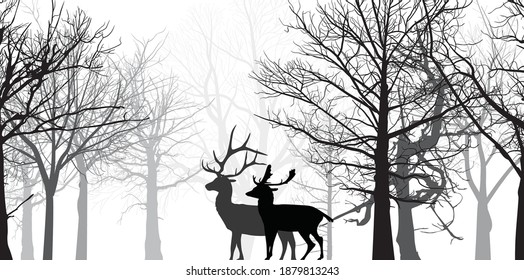 illustration with deer silhouettes between bare trees isolated on white background