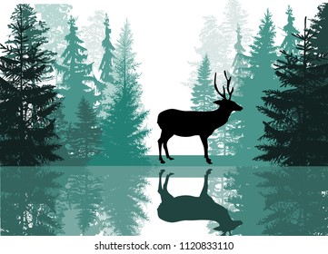 illustration with deer silhouettes in forest isolated on white background