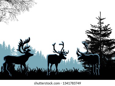 illustration with deer silhouettes in forest isolated on white background