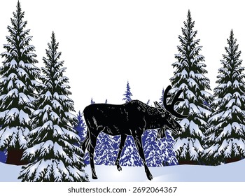 ilustração com silhuetas de veado em floresta isolada sobre fundo branco