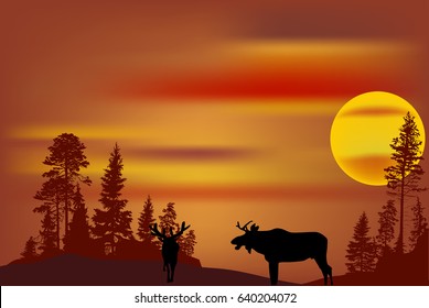 illustration with deer silhouettes in forest at orange sunset