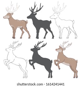 illustration with deer silhouettes и sketch isolated on white background