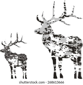 illustration with deer silhouettes from trees branches isolated on white background