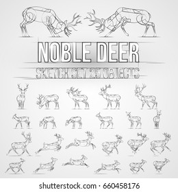 Illustration with Deer Sketch Silhouettes Isolated on Gray Background