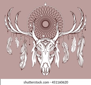 Illustration of a deer skull with antlers, dreamcatcher and feathers with boho pattern. Vector doodle element for printing on T-shirts, tattoo sketch, postcards and your creativity