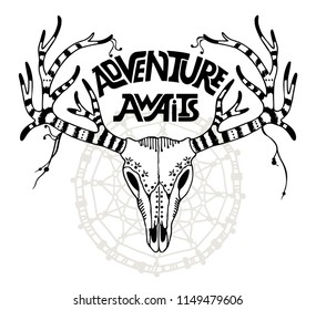 Illustration of a deer skull with boho pattern. Adventures awaits lettering.  Vector element for tattoo sketch, printing on T-shirts, postcards.
