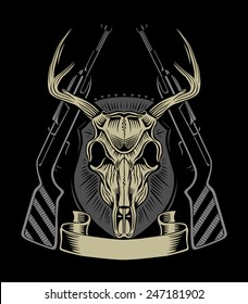 Illustration of deer skull with weapons.