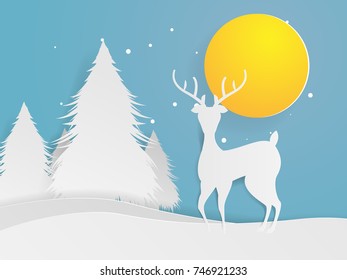 illustration of deer standing in forest with moon paper art vector background