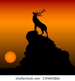 Illustration of a deer at the top of a mountain with his head raised, at sunset, vector