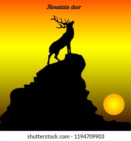 Illustration of a deer at the top of a mountain with his head raised, at sunrise, vector