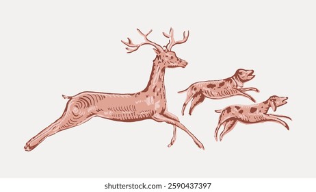 Illustration of a deer and two dogs in motion. The deer leaps gracefully, pursued by two energetic dogs. Vintage style, capturing dynamic movement and nature. Vintage animal illustration vector.