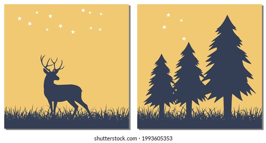 Illustration a deer under the star in the forest. consists of two images that you can print and use as wall decorations to make your room becomes more beautiful.