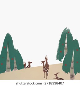 Illustration of deer under trees. Deer and trees create a serene, natural scene. Deer rest and roam beneath the trees, adding a peaceful touch to the artwork background design resource vector.