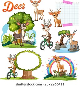 Illustration of deer in various playful settings