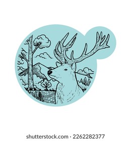 Illustration of deer in wild with hand drawn style in circle shape