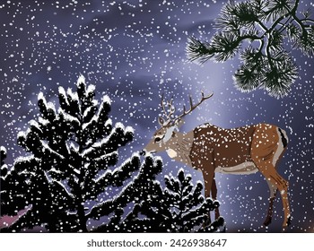 illustration with deer in winter forest
