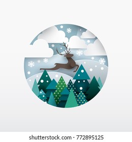 Illustration of deer. Winter landscape. Paper cut style.